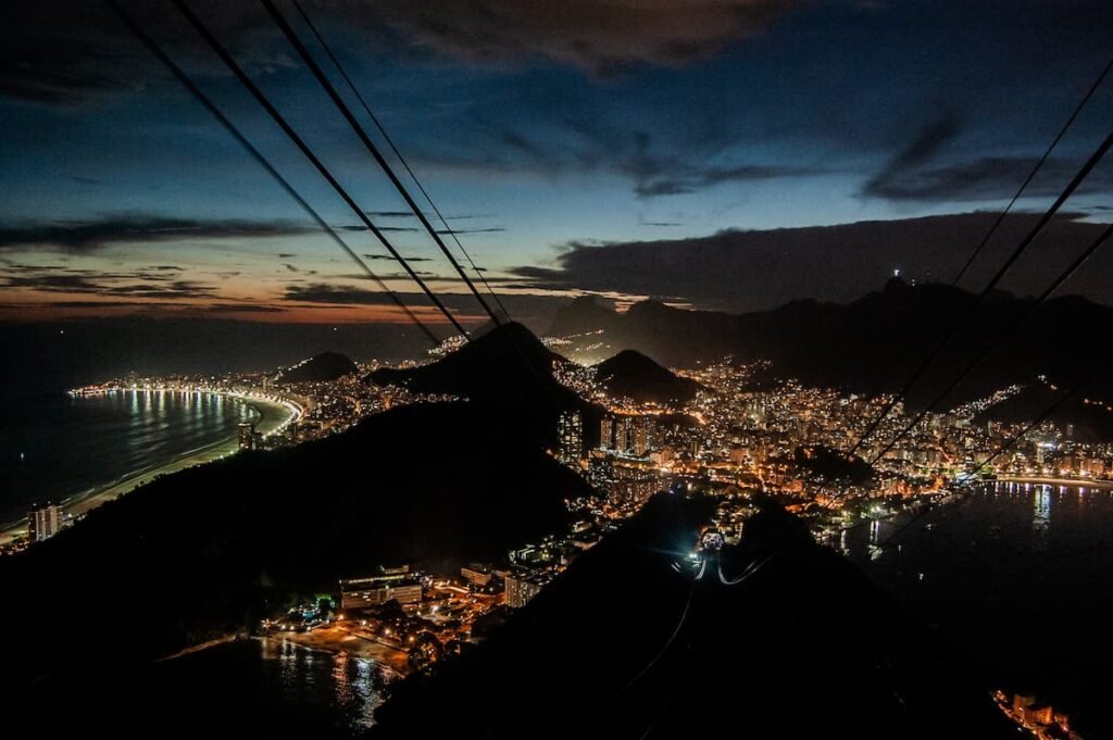 Vista aérea mostrando pontos do Rio de Janeiro, como Copacabana, à noite.